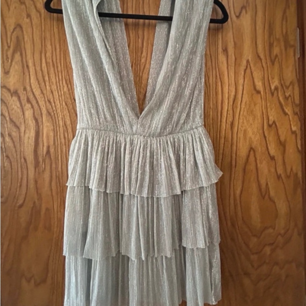 Sabina Musayev Silver Backless Tiered Cocktail Dress